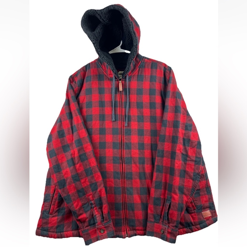 LL BEAN Buffalo Check Jacket Red Black  Pockets, Hood, Full Zip 2XL Men’s
